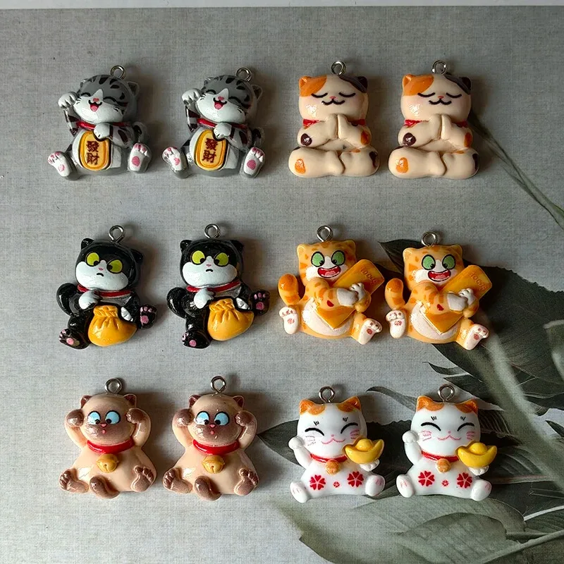10Pcs Kawaii Puppy Lucky Cat Resin Charms Cute Animal Pendants DIY Supplies For Sweet Keychains Earring Jewelry Making Findings