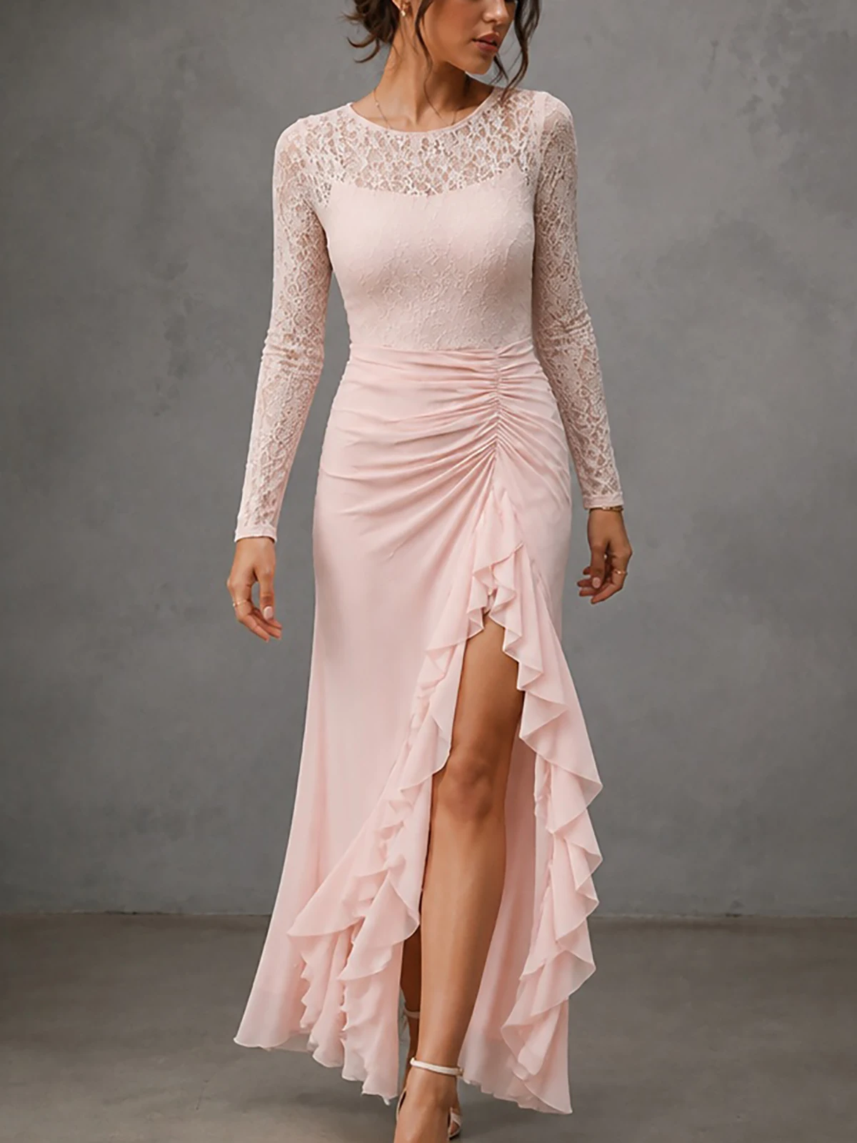 Women Plus Size Lace Maxi Evening Dress Crew Neck Mesh Sheer Ruched Waist Ruffle High Slit Hem Formal Evening Wedding Guest Gown