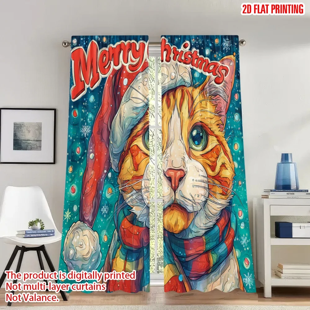 

2pcs 2D flat printing Christmas Party Curtains Cute Christmas Cat Festive Snowflakes Digital Printed Polyester Drapes Party &