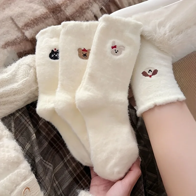 5 Pairs of Women's Mid-calf Socks, Autumn/winter Style, Thickened and Warm, Featuring  Animal Prints