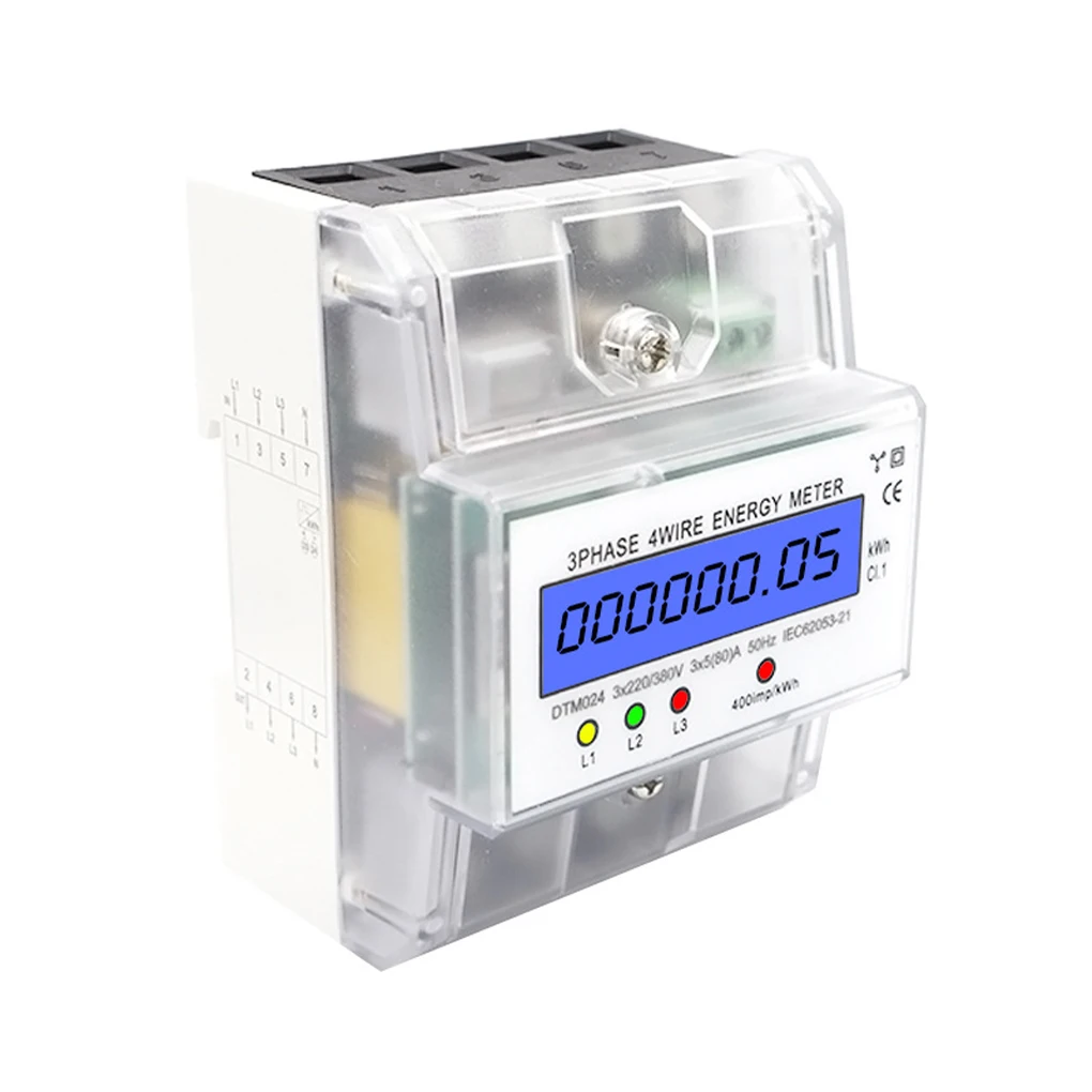 

3 Phase 4 Wire DIN Rail Electric Meter LCD Backlight 5-80A 35mm Anti-rust Shockproof School Office Building Wattmeter