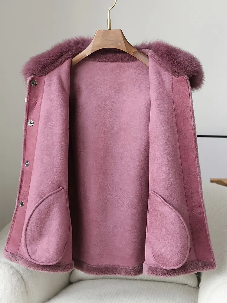 Manteau de tonte de mouton vintage pour femme, col en fourrure de renard de luxe, pardessus d'hiver, manches longues, bouton unique, veste en laine pour femme de bureau, nouveau