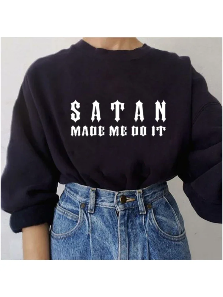 Casual Loose Hoodies Satan Made Me Do It Gothic Black Women Fashion Long Sleeve Harajuku Hooded Pullover Tops