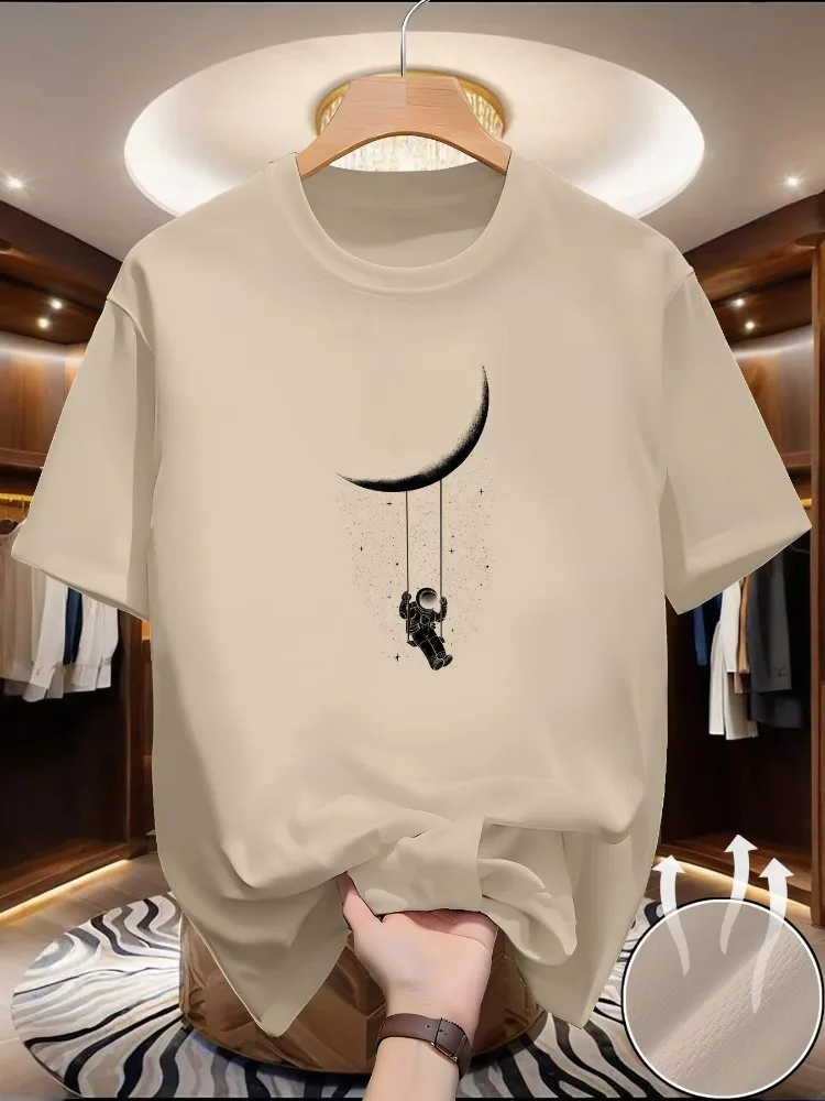 Summer Men's Casual Loose Plus Size Moon Landing Pattern Printed Round Neck Short Sleeved T-shirt Top