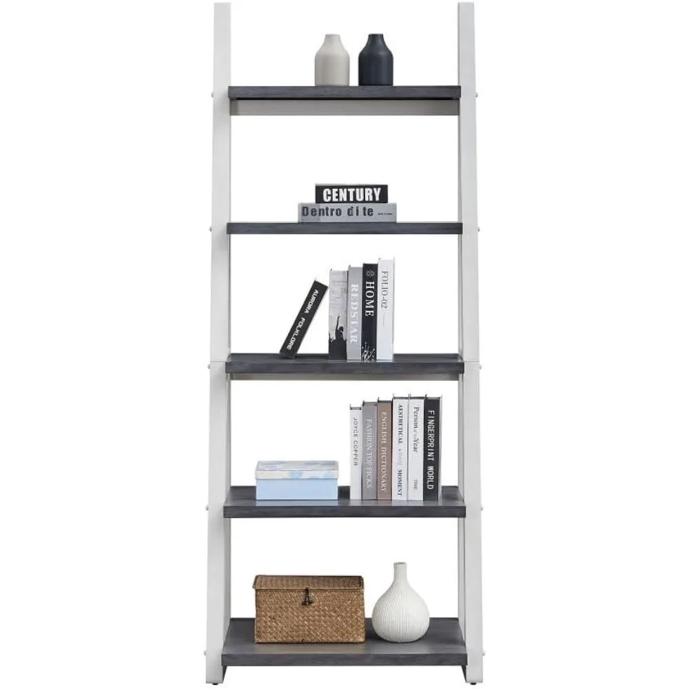 رف كتب على شكل سلم مع إطار من الخشب المطاطي - رف تخزين من 5 طبقات للمنزل والمكتب وغرفة المعيشة والمطبخ واستخدام غرفة النوم