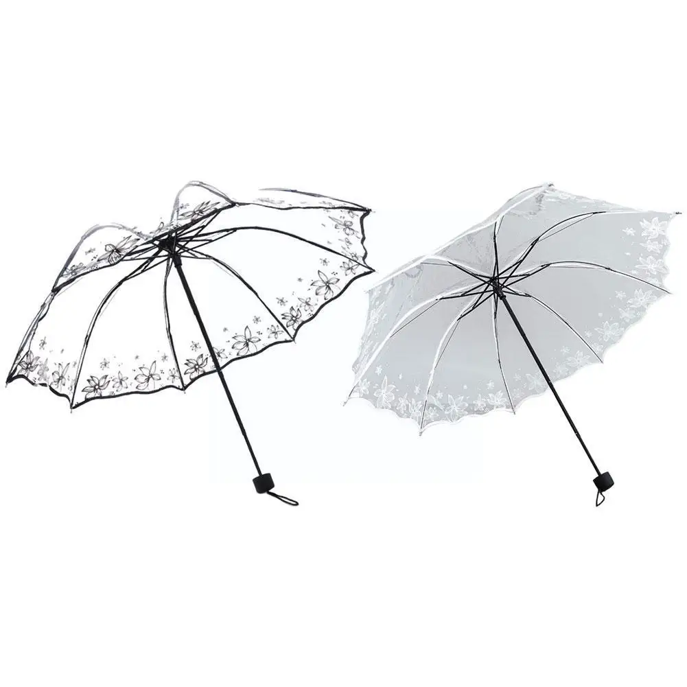 New Transparent Folding Women\'s Umbrella Fashionable Flowe Waterproof Umbrella Black Summer Luxurious Umbrella And E4s1