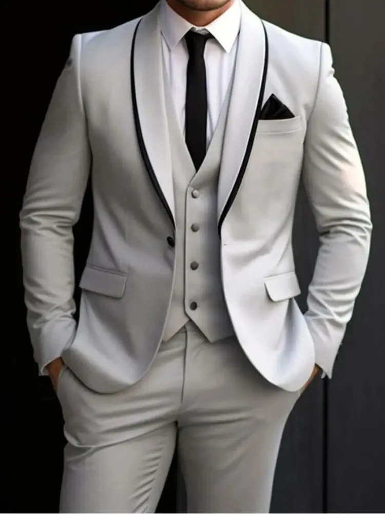 Classic Grey Suits Men For Wedding Black Lapel Prom Blazer Customized 3 Pieces Groom Wear Tuxedos Boy Friend Dinner Man Clothes