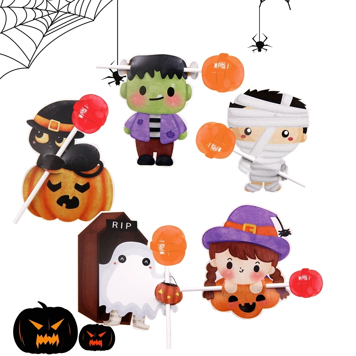 40pcs Carton Cat Ghost Lollipop Cards Halloween Candy Holders For Kids Trick or Treat Party Candy Packagings Decoration Supply