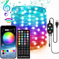 Smart LED String Light RGB Music Sync Fairy Light Guirlanda impermeável ao ar livre Lâmpada de jardim suspensa USB para festa de Natal