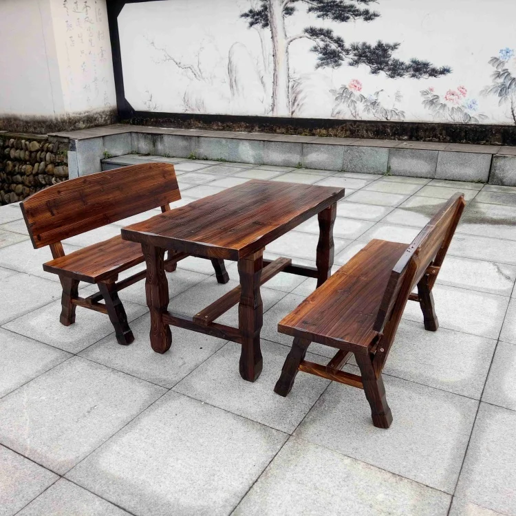 

Outdoor Retro Dining Set Solid Wood Carbonized Table Chair Thickened for Balcony Courtyard Hotel Home Furniture