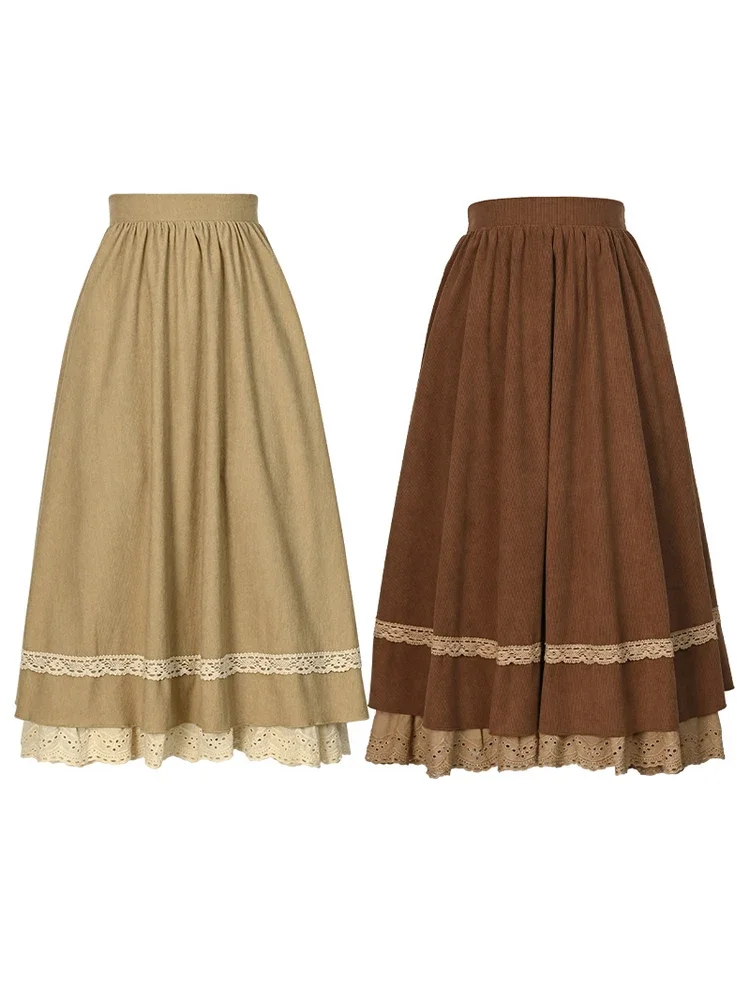 2024 New Original Lace Edge Brown Long Skirt for Women Sweet Vintage Autumn and Winter Solid Color Skirt Mori Girl Style Skirts