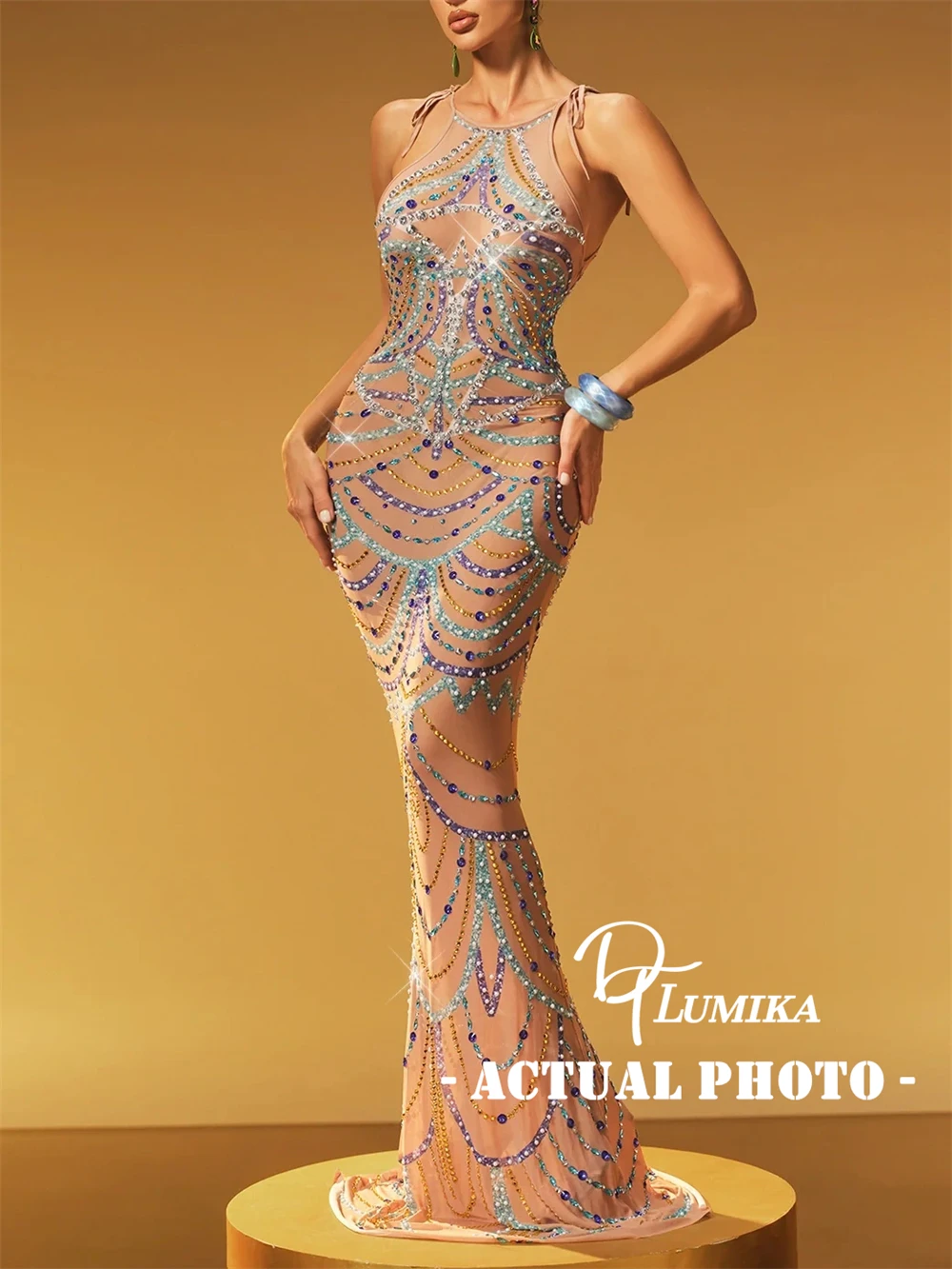 DTLumika Beaded Halter Long Evening Dresses for Women Luxury Long Prom Party Gowns Rhinestones Actual Photo Formal Maxi Gown