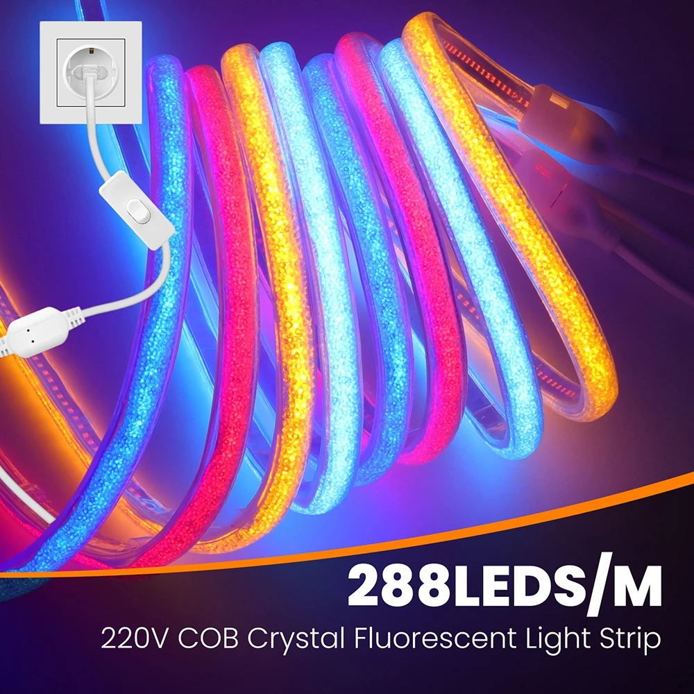 220V 230V Switch Power COB Neon Strip Crystal Fluorescent Rope Light with Power 288LEDs/m White Blue Red Green Hotel Desk Decor