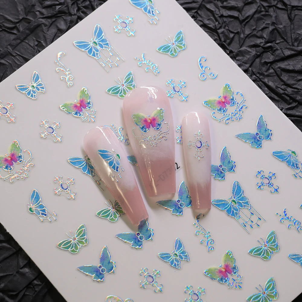 12 szt. Metaliczne naklejki na paznokcie 5D w stylu retro, frędzle, motyle, naklejki w stylu lotosu, wiszące klejnoty, samoprzylepne dekoracje do paznokci
