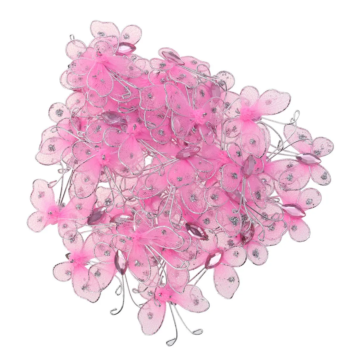 

50 шт. Искусственные бабочки для декора: розовые, на проволочной основе, для свадьбы, дома, офиса, кафе, вечеринок