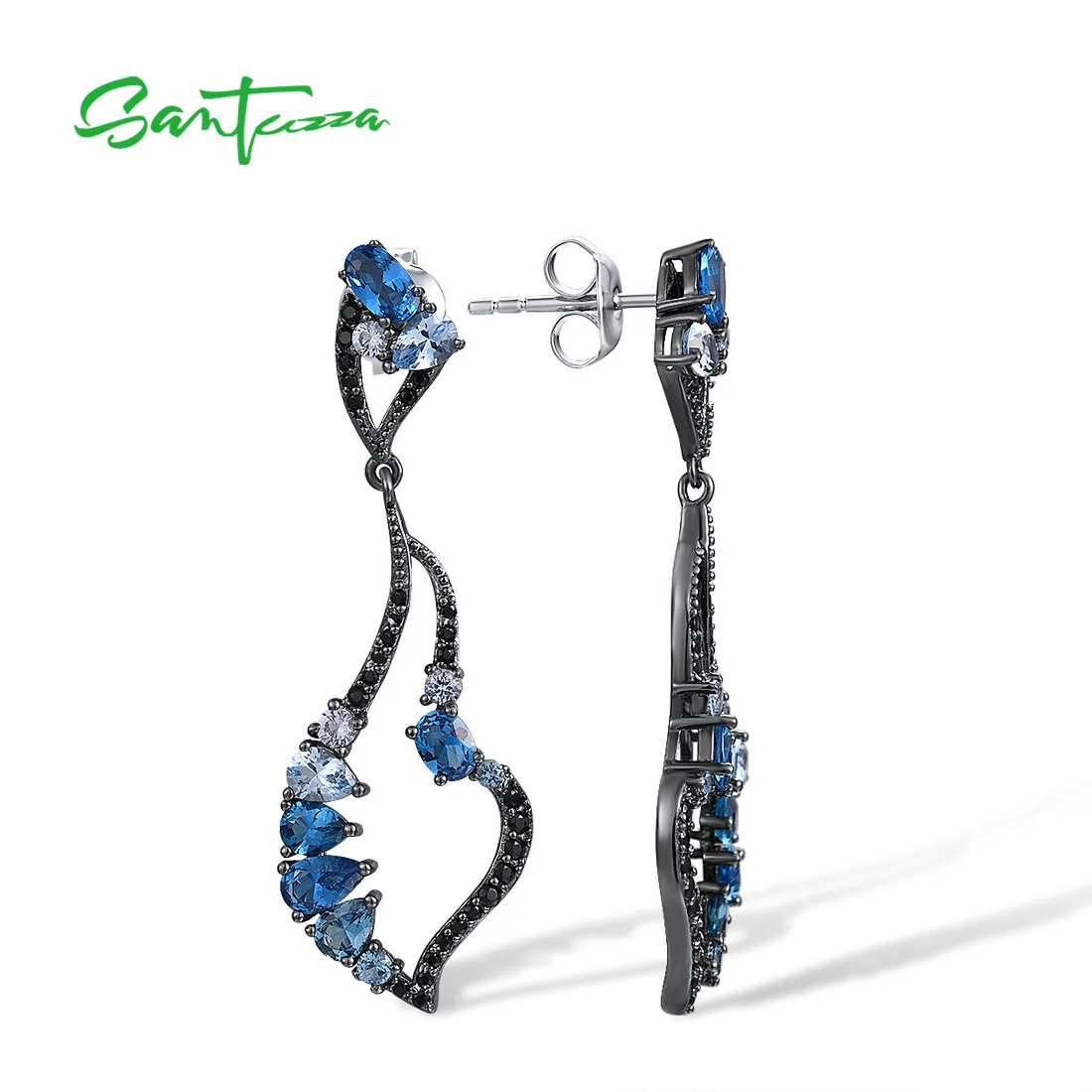 SANTUZZA Pure 925 Sterling Silver Earrings For Women Sparkling Blue Black Spinel Dangling Earrings Geometric  Fine Jewelry