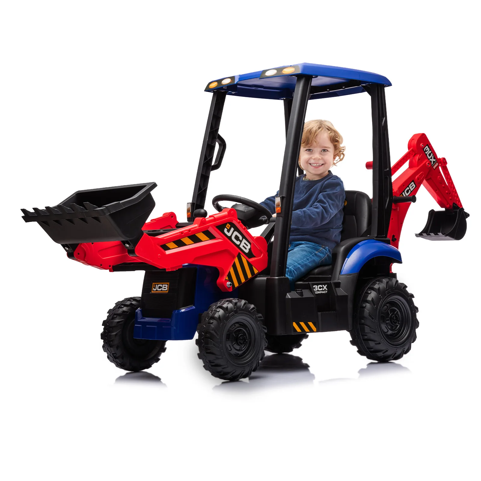 4 in 1 Ride on Excavator & Bulldozer, 12V Kids Electric Vehicle with Remote Control, Front Loader, Excavator Ride on Car, RED