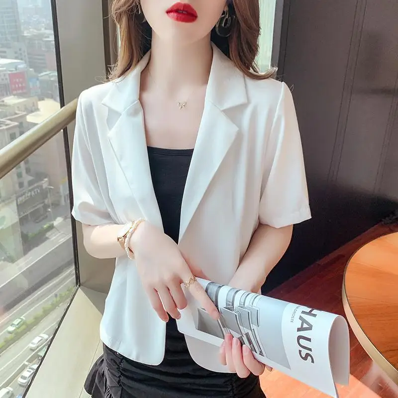 Women\'s Clothing Fashion Suit Short Sleeved Jacket 2023 Summer Thin Style Temperament Retro Korean Casual Cardigan Top Trend