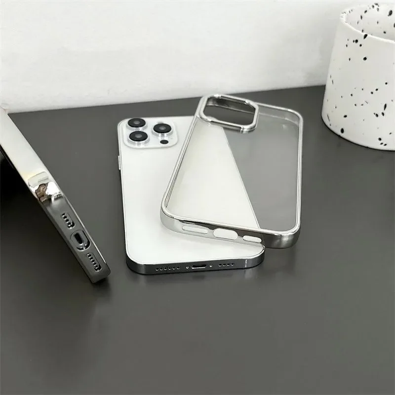 Luxury Simple Electroplated Silver Frame Clear Phone Case For iPhone 17 Air 16 E 15 14 13 12 11 Pro XR XS X Max 8 7 Plus Cover