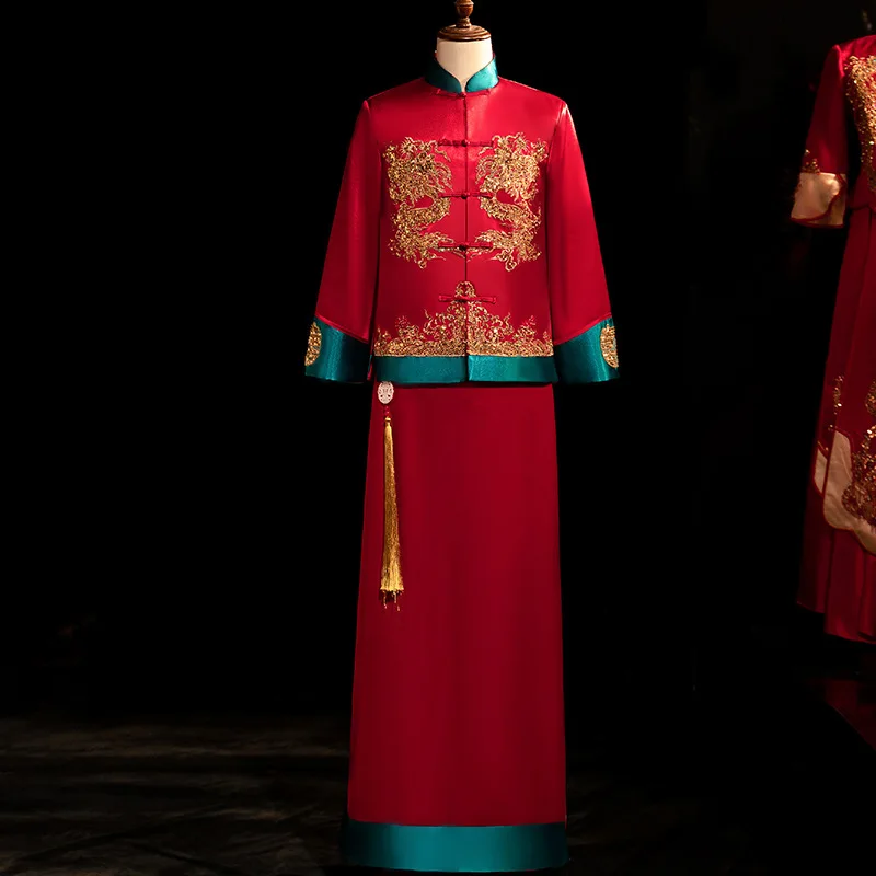 

High-Quality Groom Embroidery Cheongsam For Men Banquet Chinese Traditional Dress Wedding Mandarin Collar китайская одежда