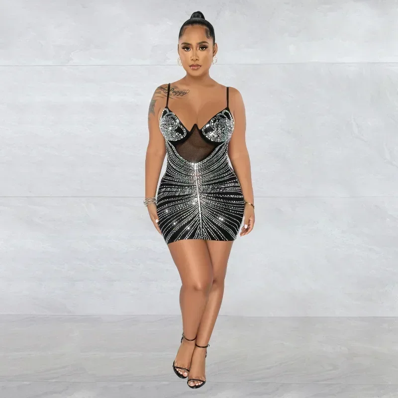 GUWU เซ็กซี่ Sparkle ดูผ่านตาข่ายคริสตัล Rhinestones ชุดมินิใหม่ Chic สายรัด Bodycon Diamond Party Dresses ชุดวันเกิด