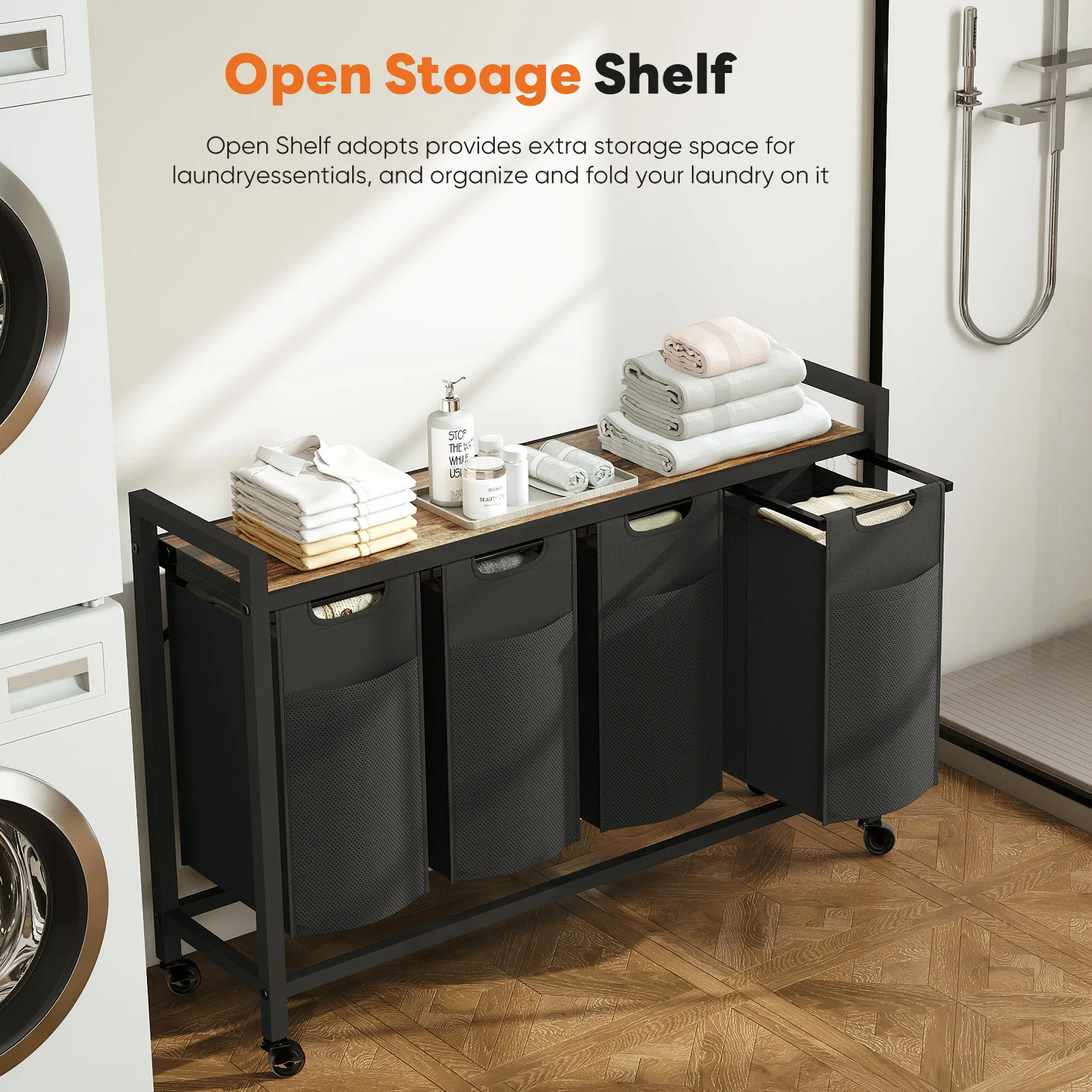 JHK 44IN Cabinets with Movable Wheels Metal Frame and 160L Pull-Out Removable Sorter Bags Clothes Basket Organizer for Furniture