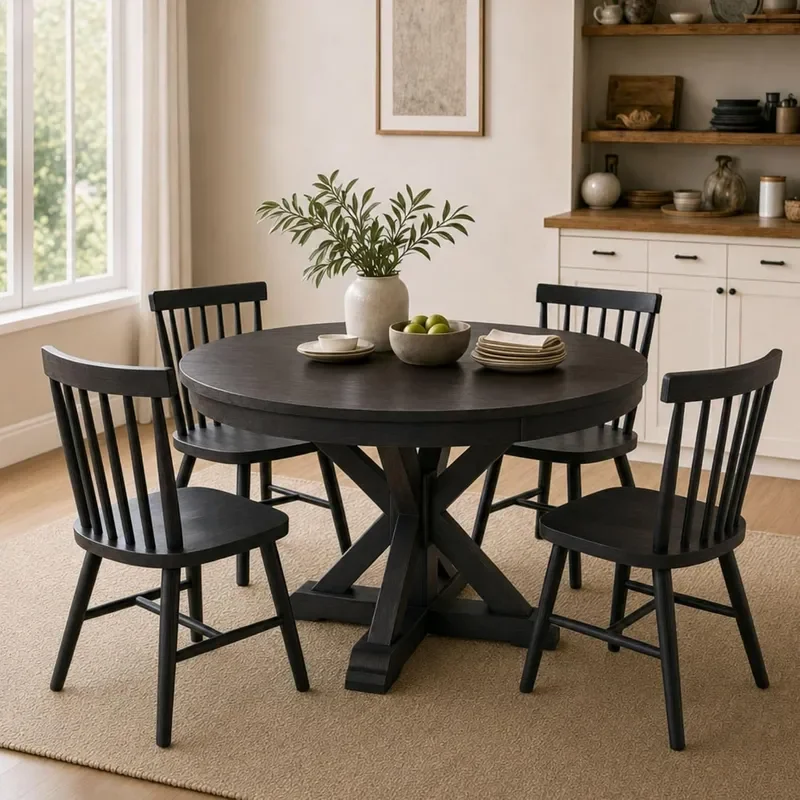 42-54 Inches Extendable Dining Table for 4-6 People Oval Shape Round Kitchen Table with Trestle Pedestal Base Wooden Circle