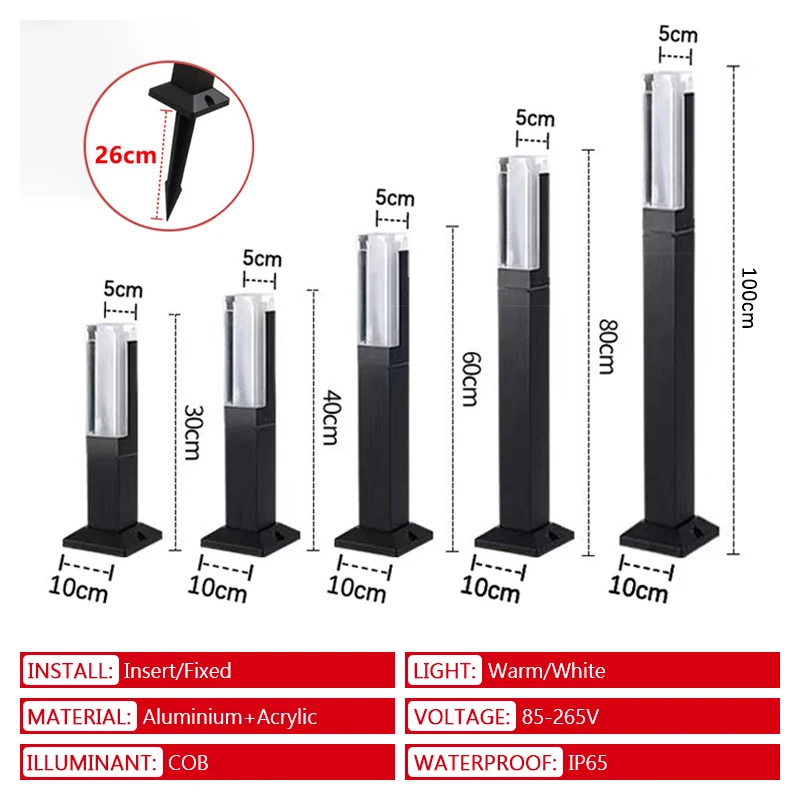 LED Lawn Light Outdoor Waterproof IP65 10W H30~100cm Aluminum  Acrylic Light AC85-265V Garden Trail Square Landscape Lawn Light