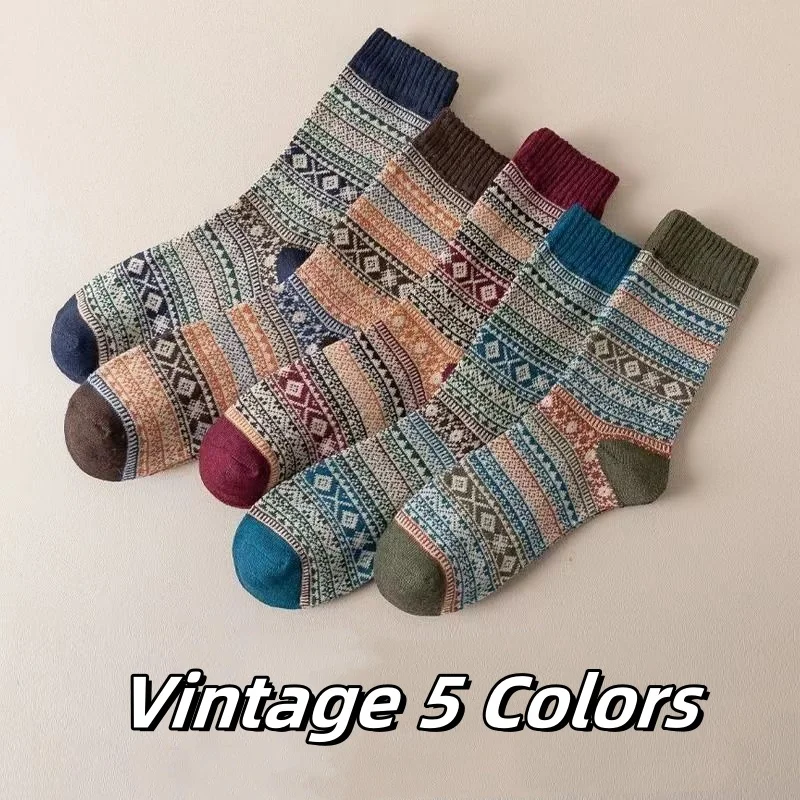 5 pairs of men\'s socks retro ethnic style medium-high stockings fall and winter thickened warm socks Japanese thick line