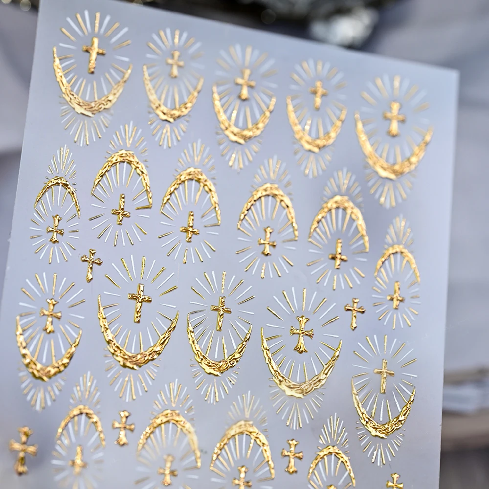 5D Luxury Black Gold Holy Light Cross French Nail Sticker Dazzling Glowing Cross Self Adhesive Nail Art Decals DIY Manicure Deco