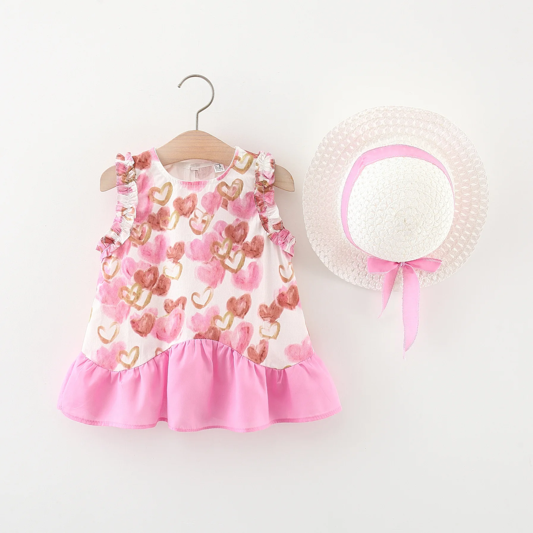 

2024 Summer New Full Love Mesh Spliced Cotton dress for Girls Beautiful Princess clothes with Hat as a Gift
