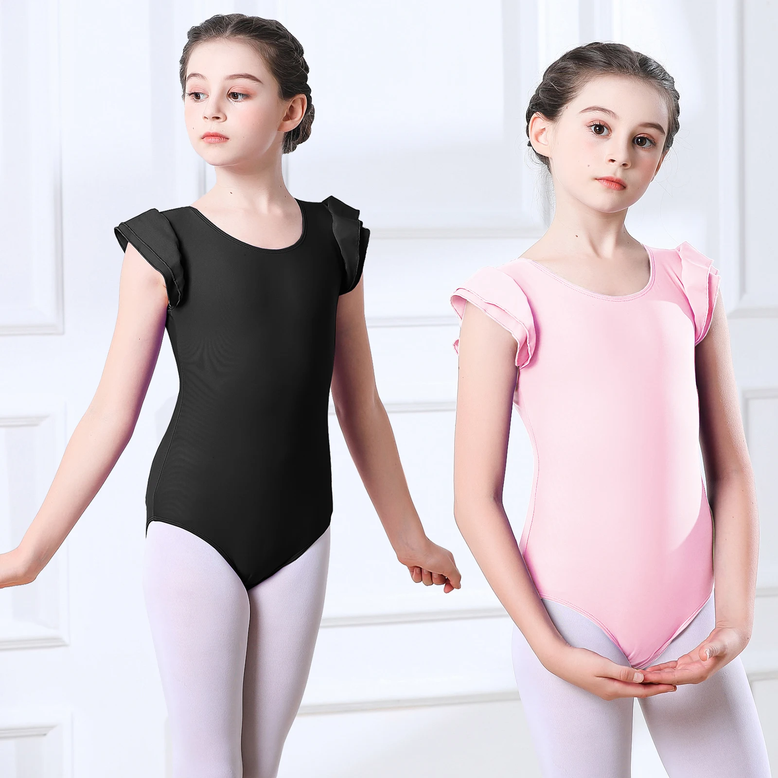 AOYLISEY Meisjes Ballet Dans Maillots Ruche Mouw Gymnastiek Body Peuter Kids Romper Buik Outfits Toneelkostuum 3-12Year