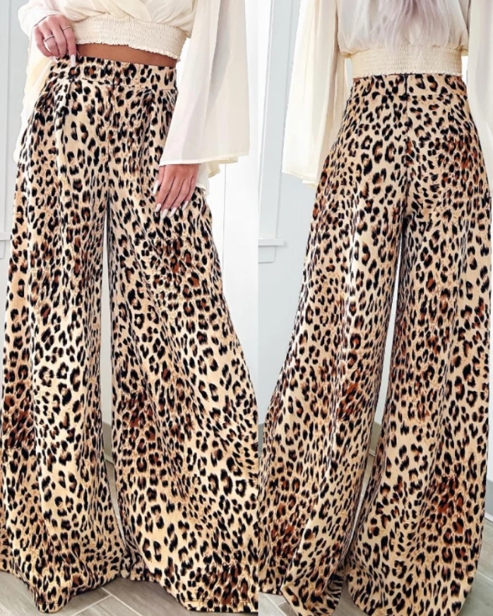 

Sexy Leopard Print Strechy Waist Wide Leg Pants Casual Loose Fit Flared Pants 025 New Fashion Women's Pants Elegant