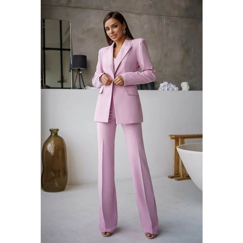 Elegant Pink Women Pants Sets Two Piece (Jacket+Pants) Fashion Peak Lapel One Button Solid Tuxedo Formal Chic Basic Female Suit