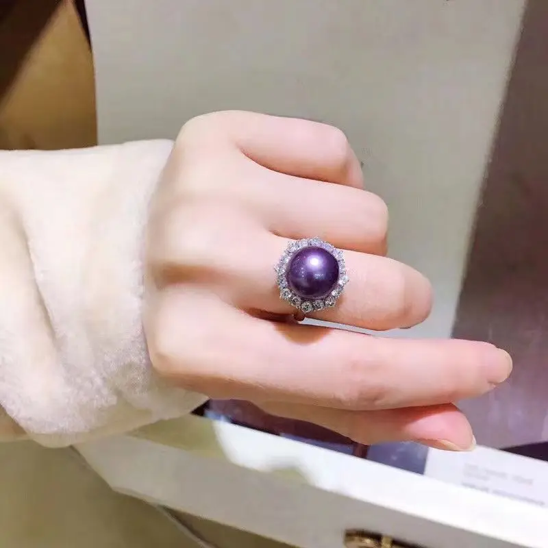 Suberb 10-12mm Purple Lavender Perfect Round Pearl Ring Adjustable Size Women Jewelry Wedding Party Gift 925 Sterling Silver AAA