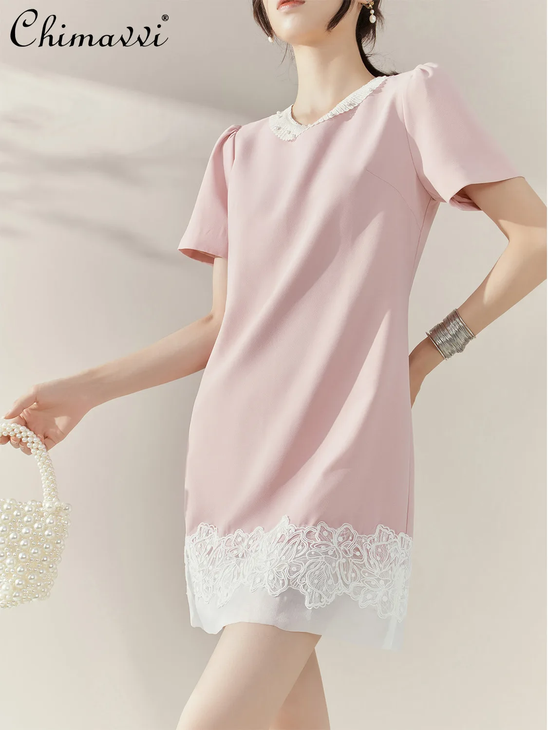 

French Elegant Sweet Socialite Pink Dress Embroidered Splicing Bead Crew Neck Short Sleeve High Waist A-line Dress Women Summer