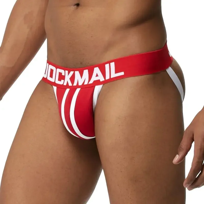 JOCKMAIL Brand Sexy Men\'s Jockstraps Gay Jocks Cotton Low Rise Thongs Gay Underwear Double pipe G Strings Brief Bikini Backless