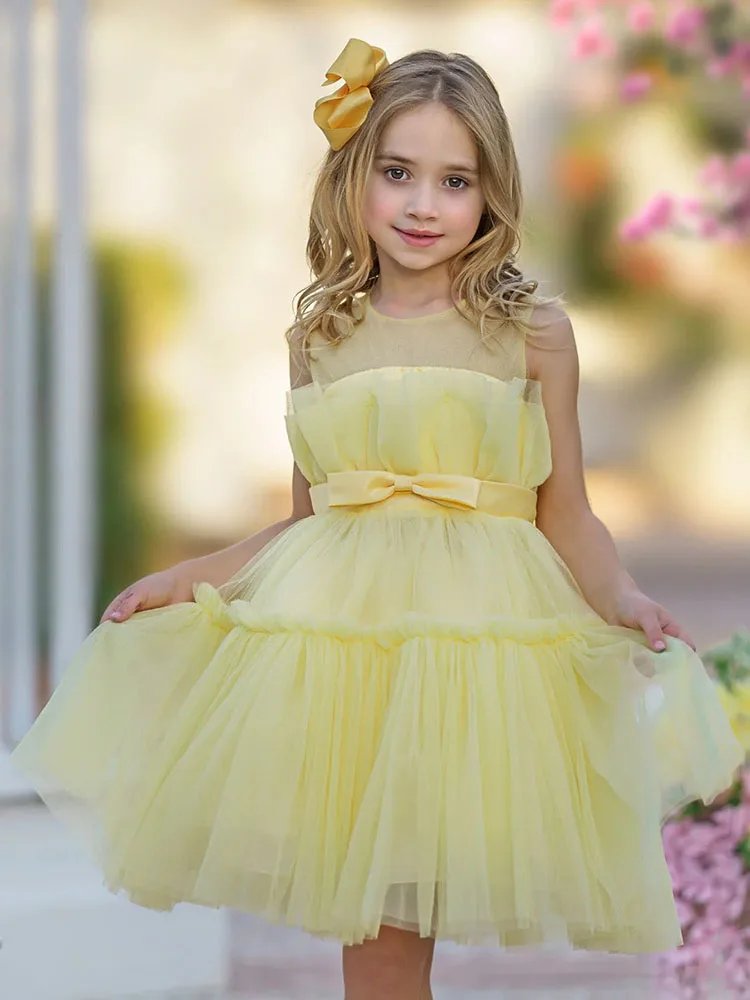 

Yellow lovely Flower Girl dress elegant tulle Multiple levels knee-high Short dresses suit kids birthday party prom evening gown