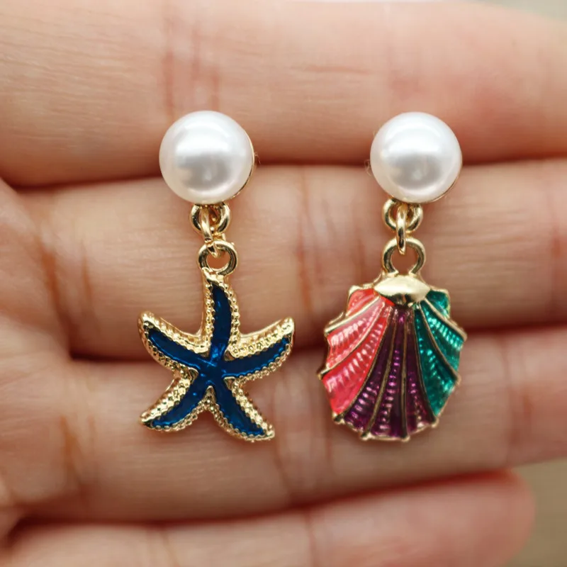 Ins Asymmetric Personality Creative Fashion Colorful Rainbow Shells,starfish,internet Celebrity,temperament,pearl Earrings