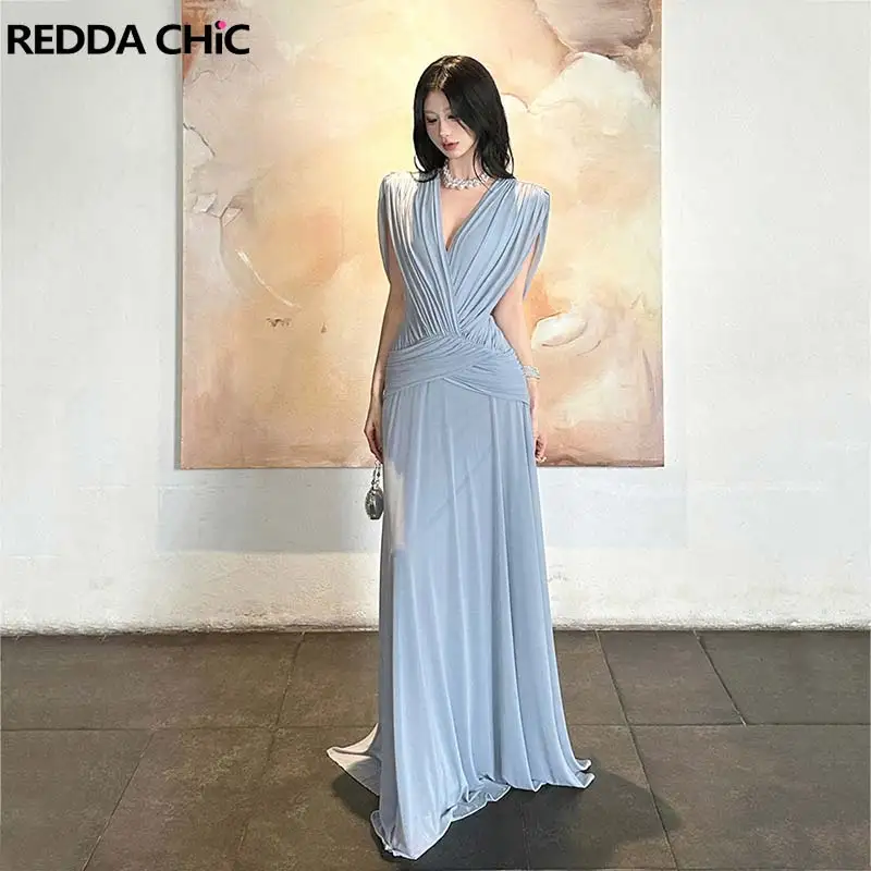 ReddaChic Women Mesh Ruched Maxi Party Gown Fromal Sleevelss Crisscross Waist Backless Draped Flowy Party Dress Summer Costume