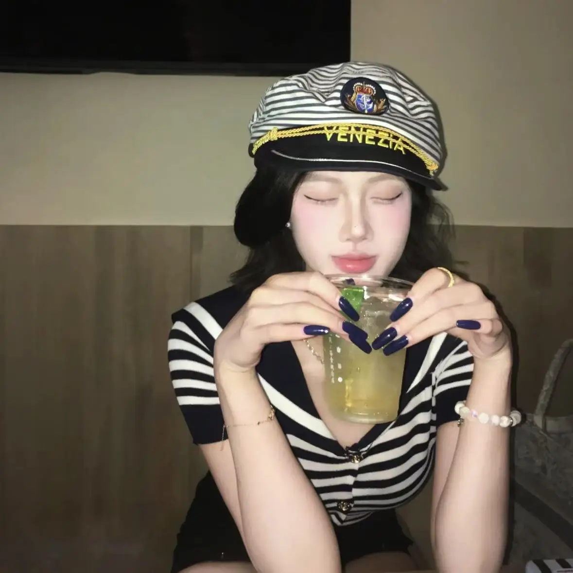VENEZIA-Captain Navy Blue Cap, Striped Navy CapBurning man Party