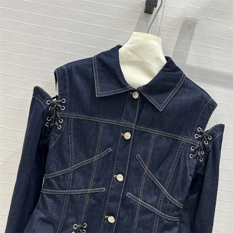 Women\'s denim jacket 2024 Autumn new in outerwears Retro washed pure long sleeved top Strap decoration Women\'s coats Jean jacket