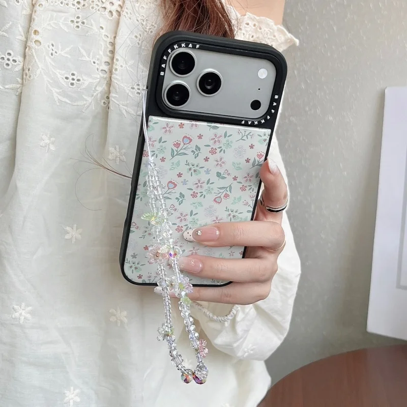 

Korean Cute Flower Painting Phone Case For iPhone 17 Pro 16 15 14 Pro Max Cover with Chain Shockproof Hard Protective Cases Girl