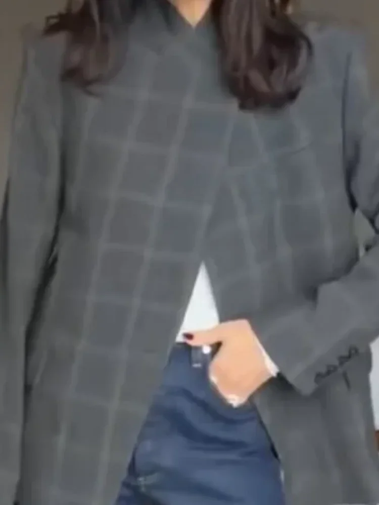 Women Plaid Print Blazer Jacket Fashion Stand Collar One Button Full Sleeve Loose Short Coat Office Lady Daily Commute Outerwear