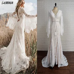 Vestido de novia bohemio con mangas acampanadas, cuello en V, manga larga acampanada, sin espalda, corte de encaje, destino, fuga, novia Hippie