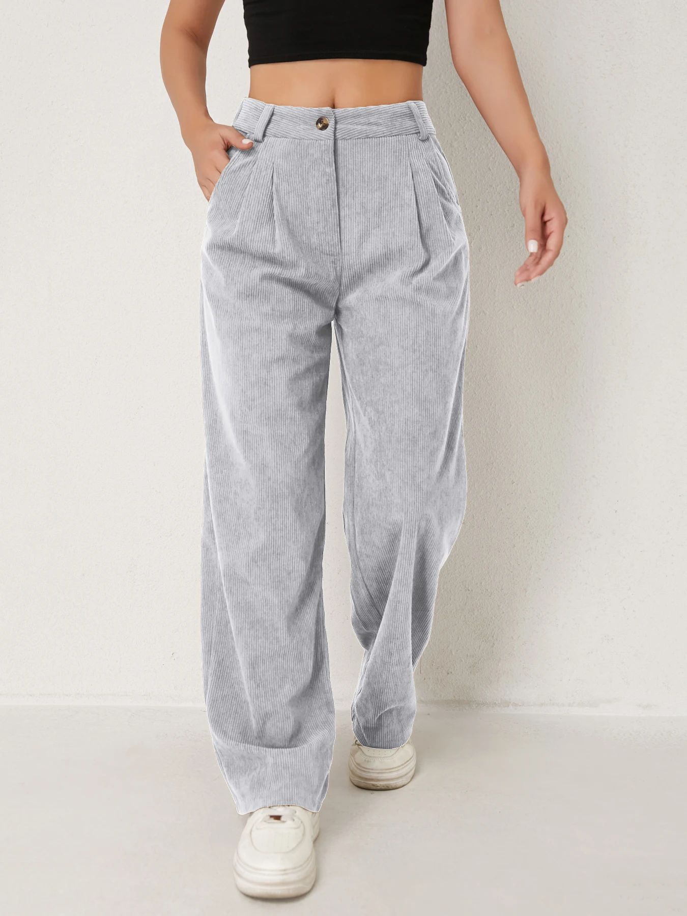 Neue Herbst- und Winter-Freizeitanzüge für Damen in Unifarben aus Cord mit weitem Bein und geraden, samtartigen Hosen, die schlank aussehen – Detail 13
