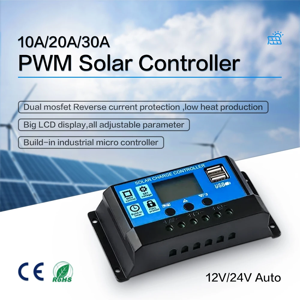 Controlador Solar PWM 12V/24V Auto. 30A20A10A LCD batería PV Panel cargador lámpara reguladora 100W 200W 300W 400W 500W