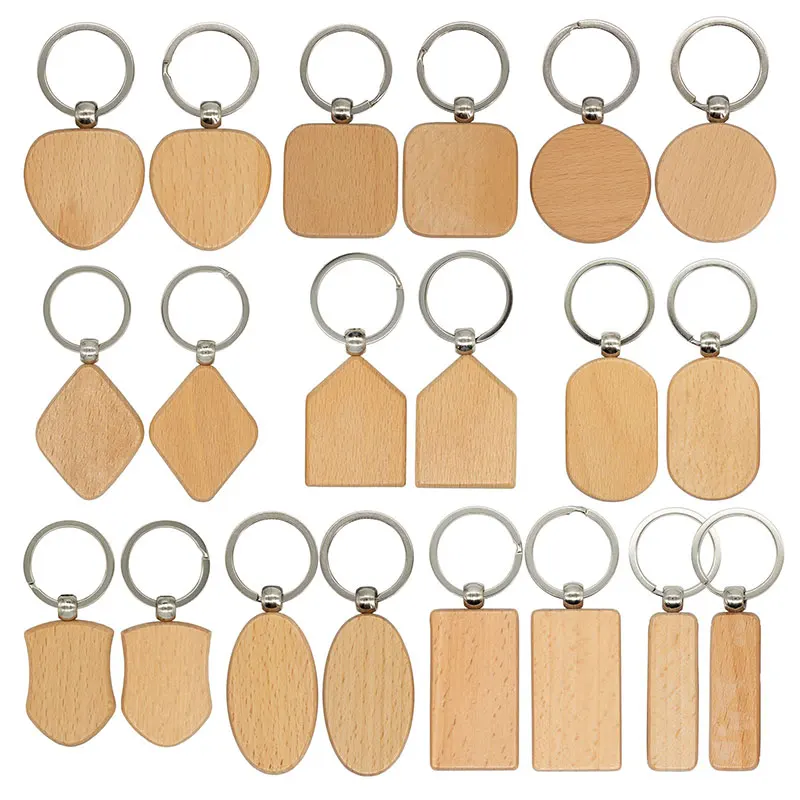 

100Pcs Blank Round Rectangle Wooden Key Chain DIY Promotion Pendant Wood Keychain Keyring Tags Promotional Gifts