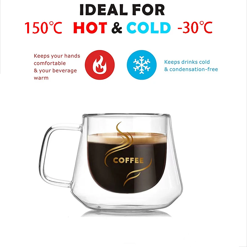 YWDL 1/2PCS180ml Double Wall Insulated Glass Coffee Mugs With Handle Clear Espresso Cups Home Mug For Milk Latte Cappuccino