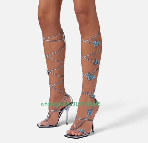 Lady crystal 3D- butterflies design lace-up sandals open toe pink elegant sexy black blue color design bow tie pumps size 35-46